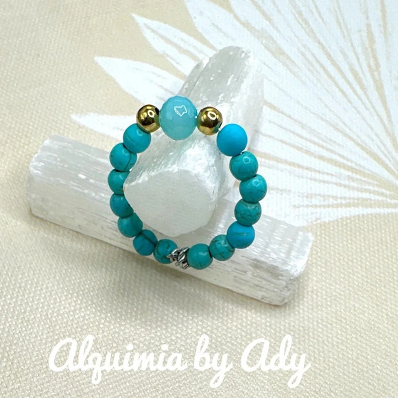Gold Turquoise aquamarine beaded handmade colorful ring band for stacking/boho - Picture 1 of 5